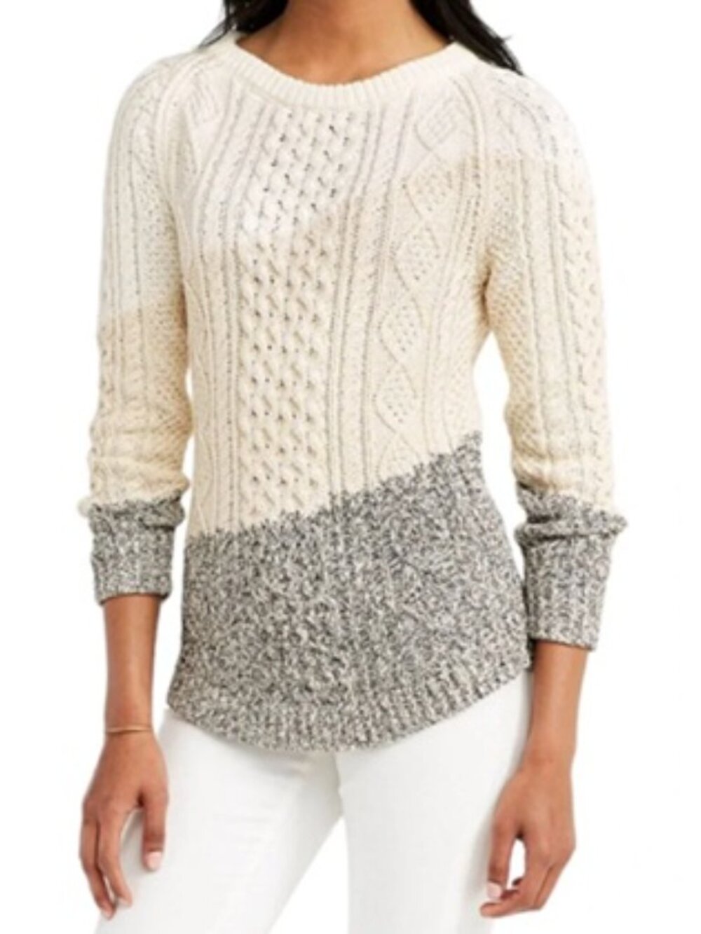 LL Bean Signature Cable Knit Fisherman Tunic Colorblock Sweater | Size L